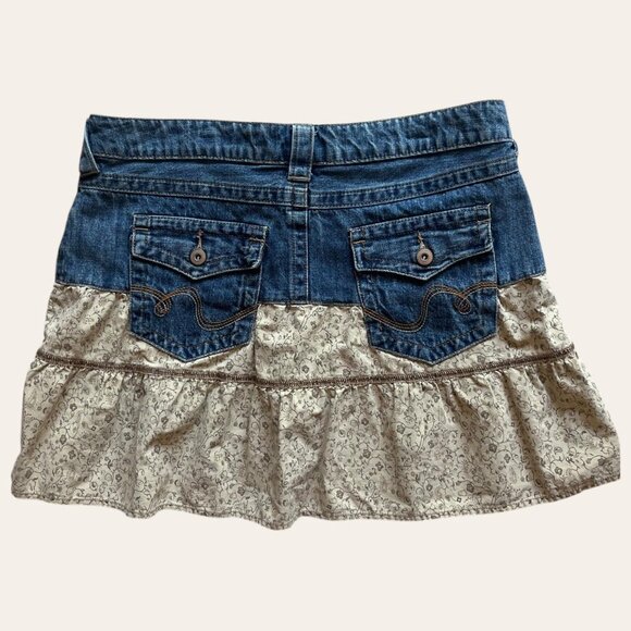 y2k vintage denim ruffled two toned western boho cowgirl mini skirt - Picture 5 of 7